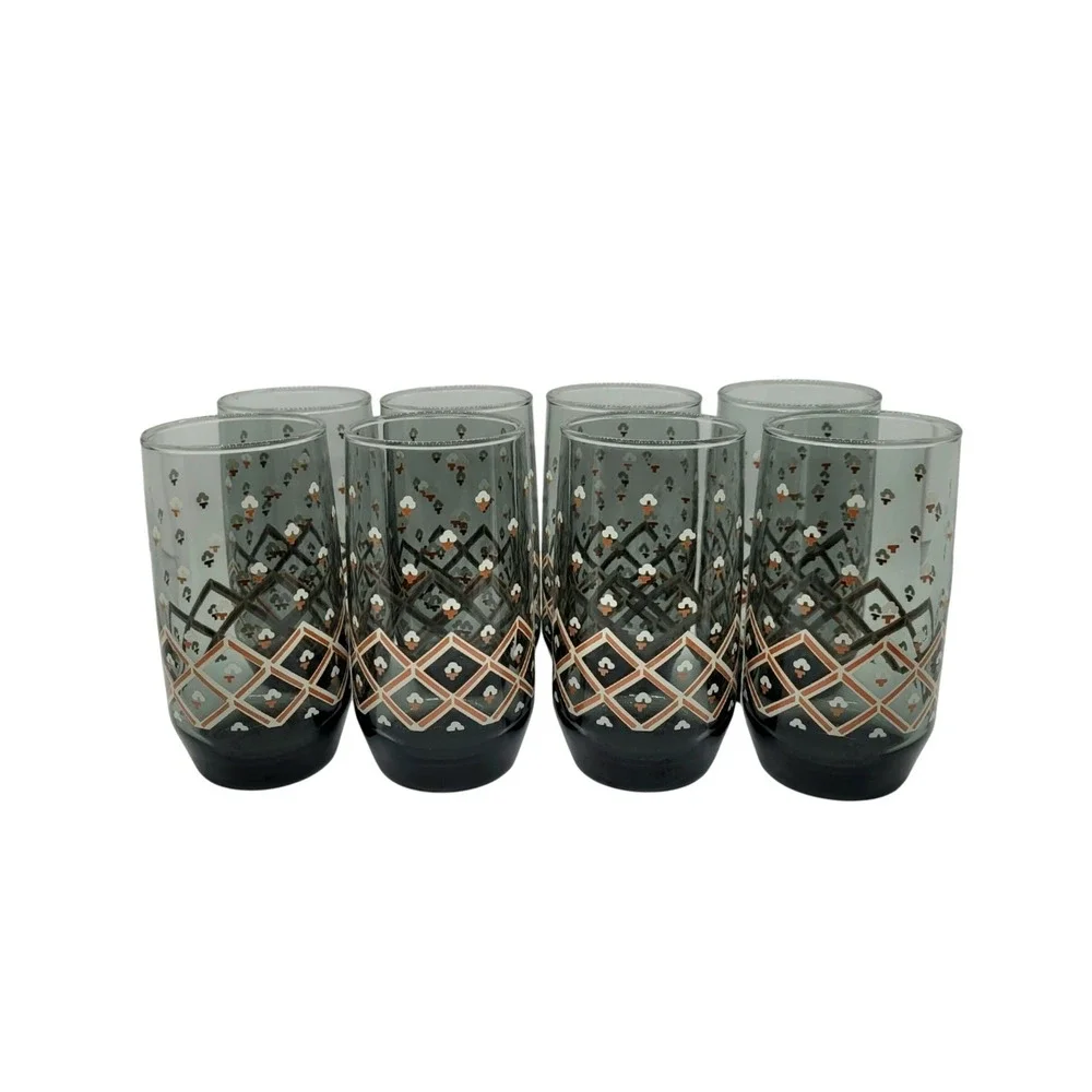 Set‎ of 8 Vintage Libbey Apollo Smoky Gray Highball Glasses MCM Geometric Orange